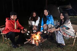 Group of Asian Friends Camping and Making Smores at Campfire
