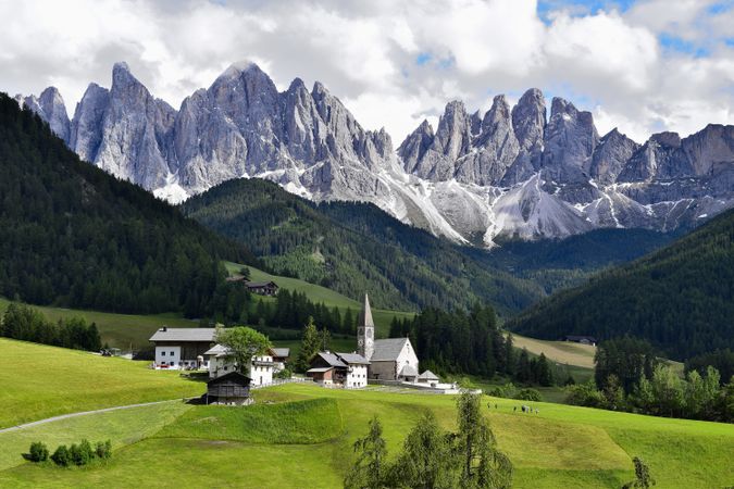 Wide view of Funes Valley in South Tyrol, Italy