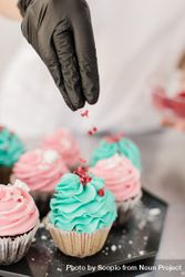Person adding sprinkles to cupcakes 0PJqg4