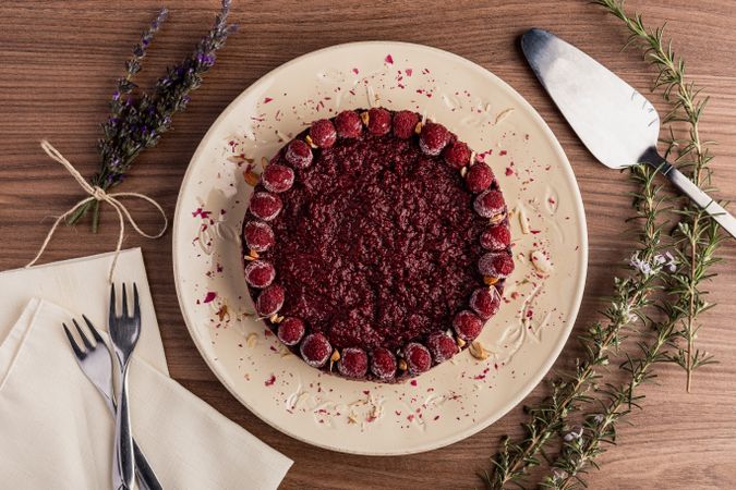 Fruit berry pie and branch of lavender on table