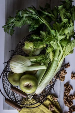 Green vegetables, fruits and nuts for cooking