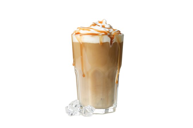 Iced coffee with poured cream isolated on plain background