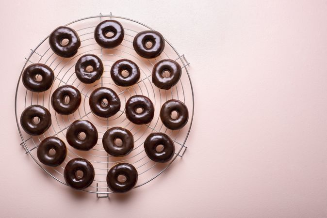 Chocolate glazed doughnuts on a cooling rack