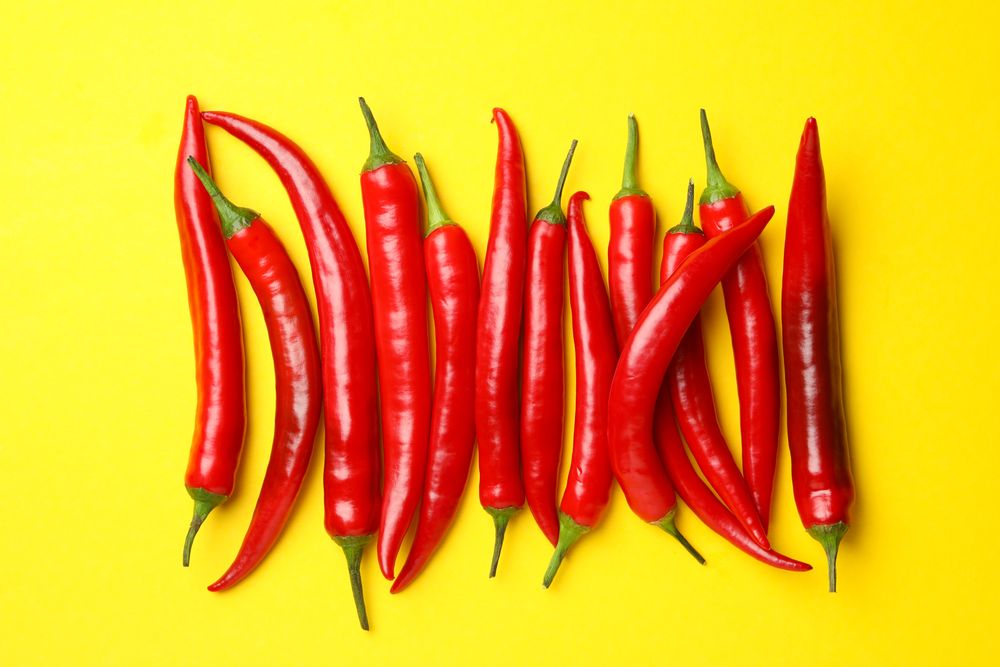 Chilli peppers on yellow background, top view