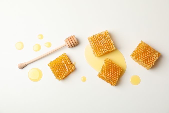 Honeycombs and dipper on neutral background, space for text