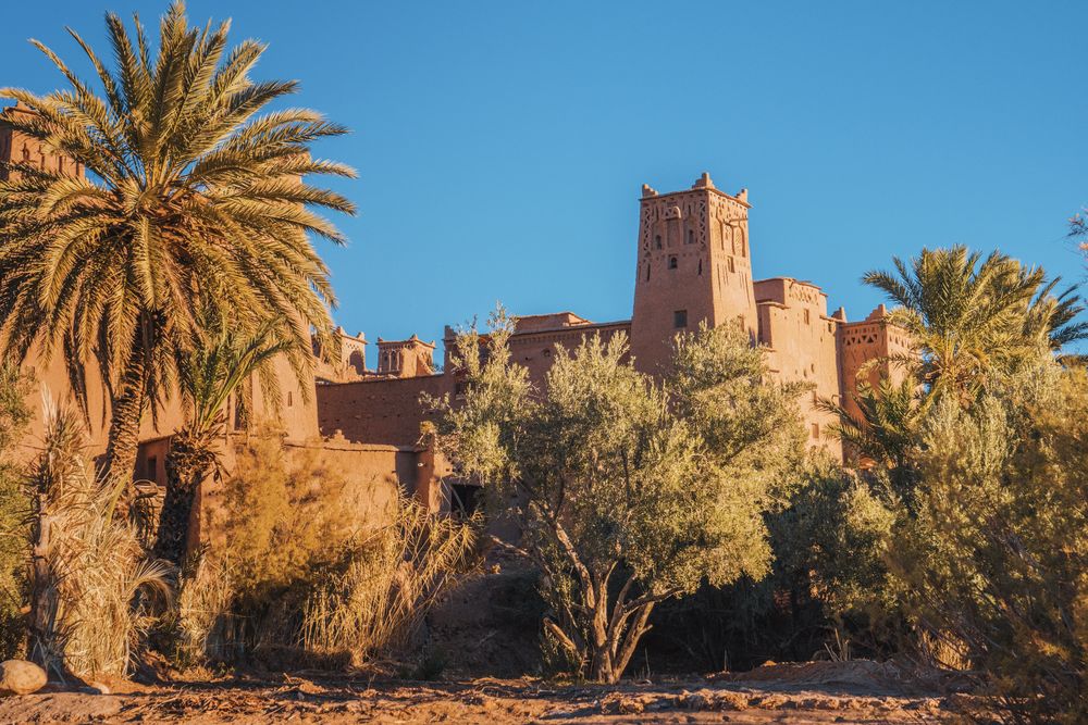Ancient stone buildings near palms