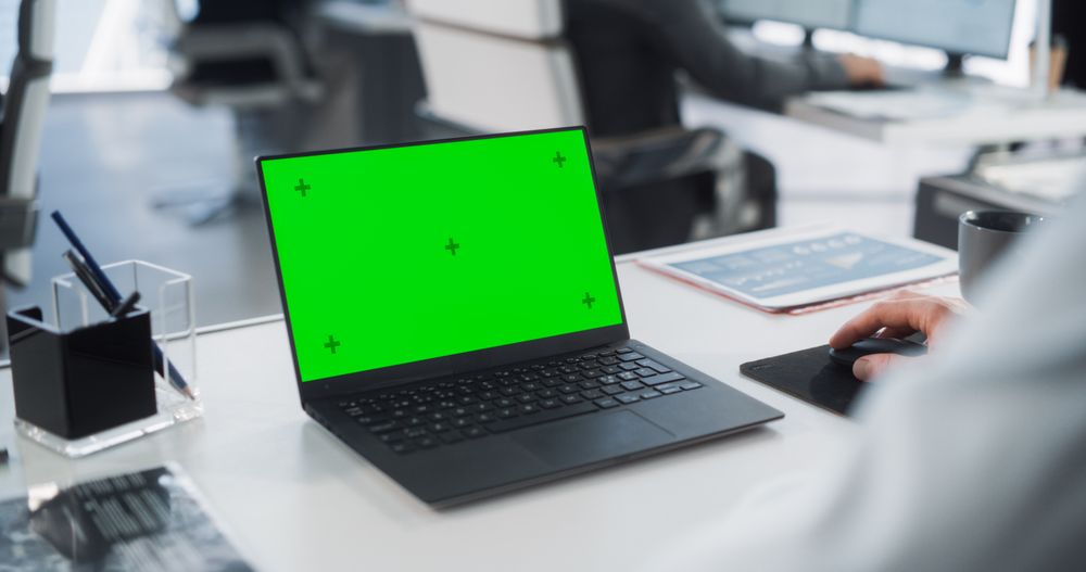 Anonymous Businessperson using Chroma Key Display. Stylish Bright Workplace. Over Shoulder Close Up.