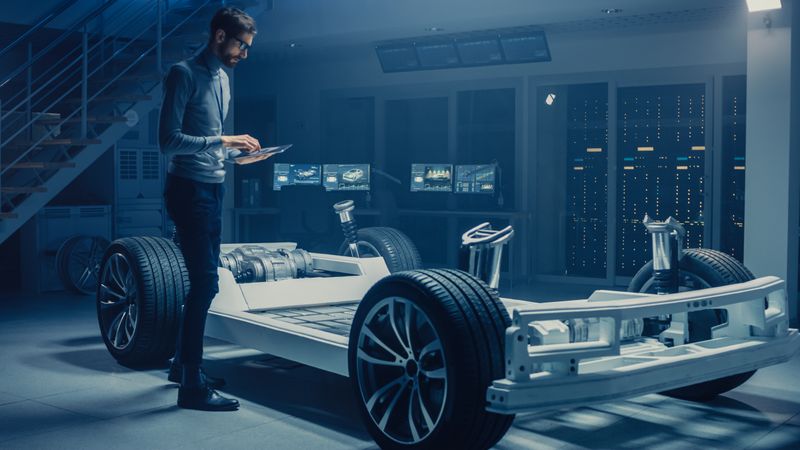 Automobile Engineer Working on Electric Car Platform Chassis Prototype, Using Tablet Computer with 3D CAD Software Modelling.