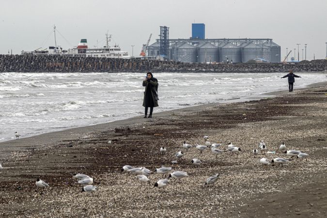 Two people walking on seashore near seaport during winter