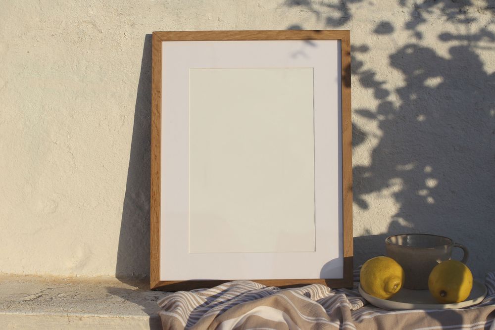 Fresh yellow lemons fruit, cup of coffee with mockup poster