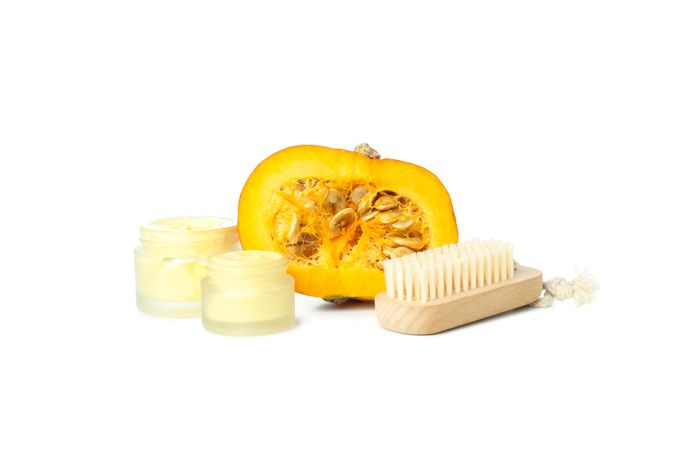 Concept of different cosmetic products, Pumpkin cosmetics, isolated on plain background