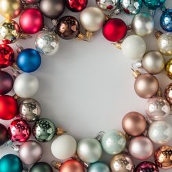 Colorful bauble decorations bordering light background