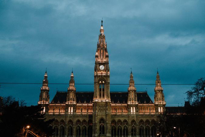 Vienna City Hall with lit lights at dusk