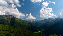Lush green hills and distant snow-capped mountains