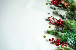 Holiday tree branch on side of flat lay
