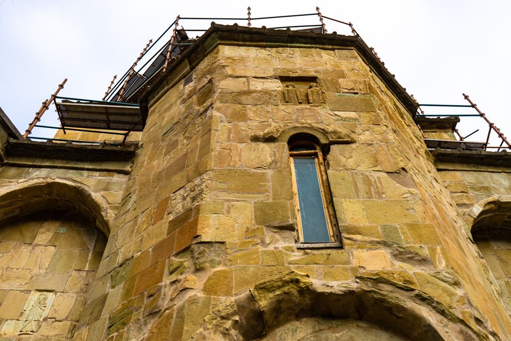 Looking up at Ateni Sioni cathedral with medieval facade decoration close to Gori in  Shila Kartli region, Georgia