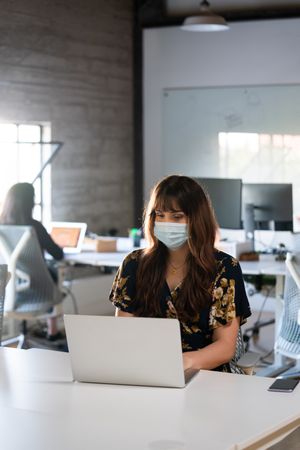 Transgender woman wearing face mask and working on laptop in a modern open plan office
