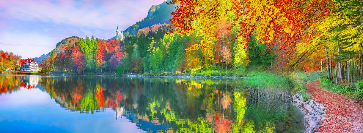 Autumn forest reflected in the water lake