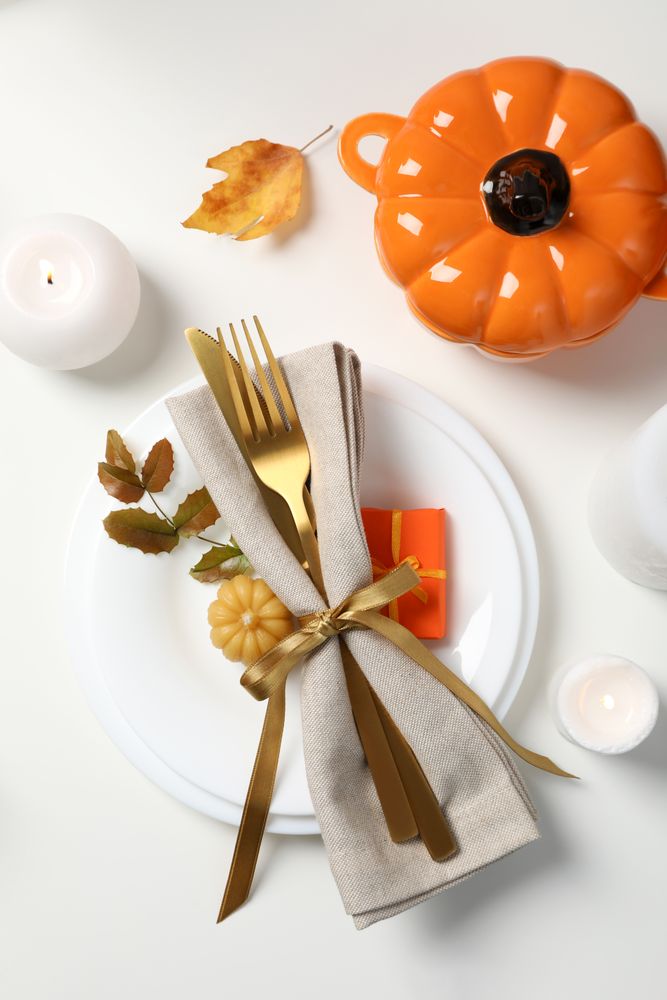 Concept of Thanksgiving day, Autumn table setting, top view