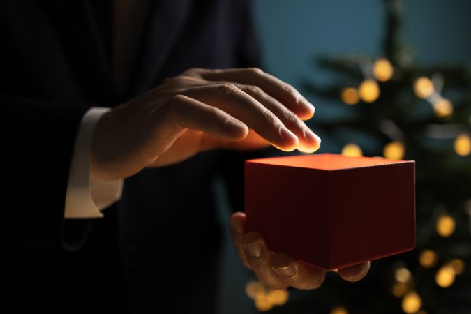 Businessman holding Christmas gift near tree