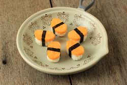 Plate of tamago, Japanese egg sushi on plate
