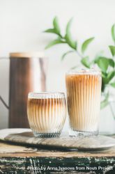 Two glasses of iced coffee, with light background with leaves and pitcher 5wjeZ0