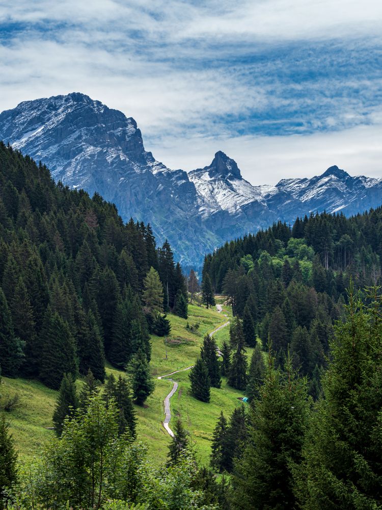 Summer travel to the Swiss Alps. Sun, warm beautiful weather, relaxation and travel.