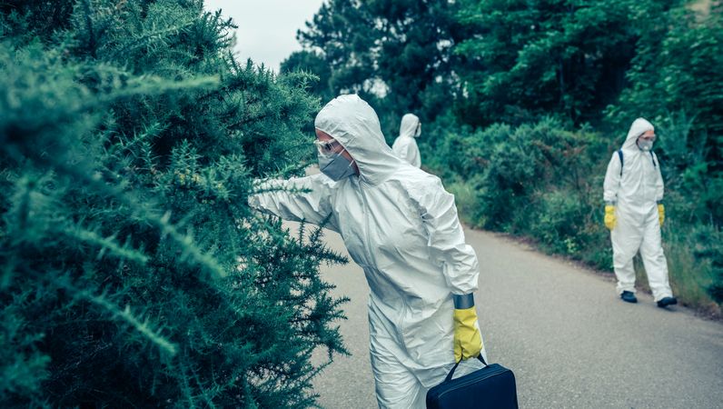 People in bacteriological protection suits looking for samples on empty road