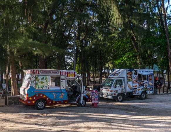 Bright street vendor trucks under palm trees
