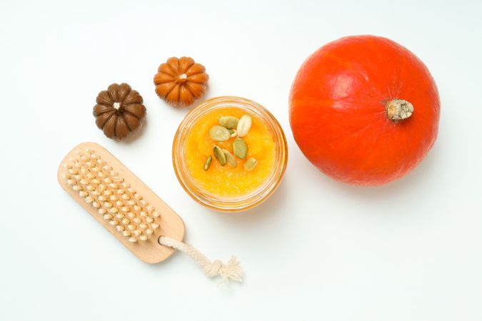 Concept of different cosmetic products, Pumpkin cosmetics, top view