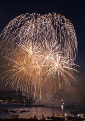 Golden fireworks over a lake