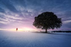 Traveler standing on snow against sunset sky