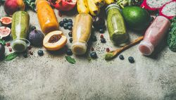 Fresh squeezed fruit and vegetable bottled juices, healthy drink concept