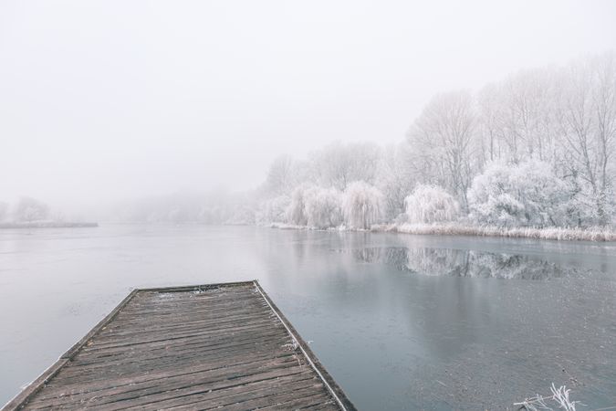 Pier on a lake surrounded by frosted trees and tall grass with frost