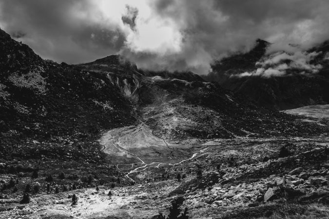 Cloudy valley in France shot I b&w