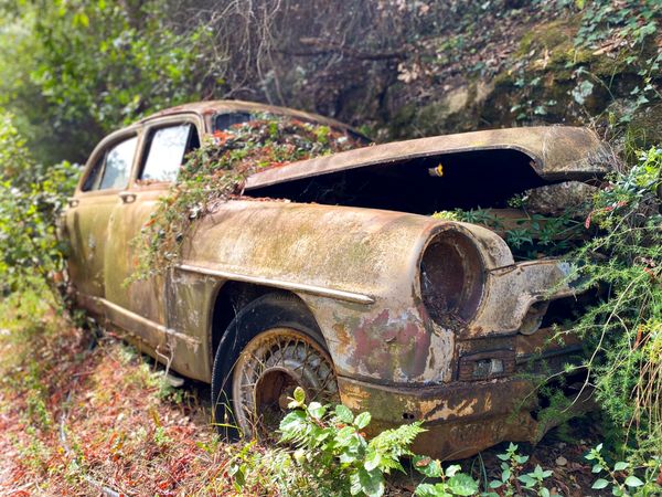 Rusty automobile abandoned on offroad path