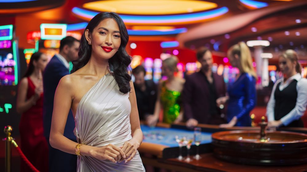 Advertising Campaign Template for an Online Casino and Betting Website with an Asian Woman Posing, Looking at Camera