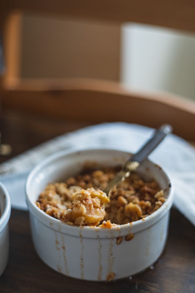 Apple crumble in ramekin dish