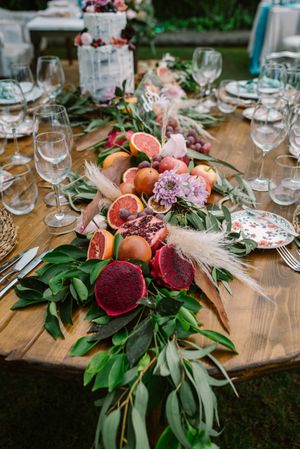 Fruits and flowers arrangement on wedding table