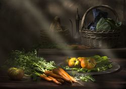 Vegetable still life in sunlight on wooden table