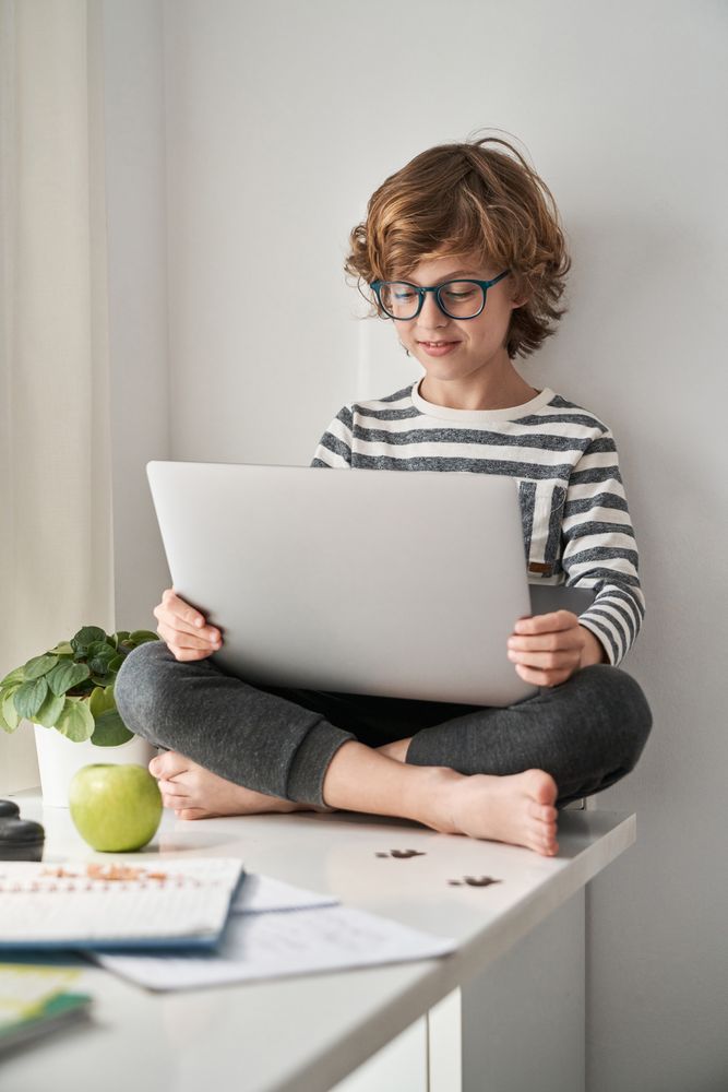 Focused boy doing homework on laptop at home
