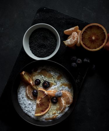 Chia seeds pudding with citrus in bowl