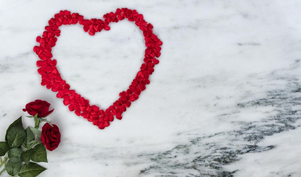 Valentine’s Day large heart Outline with roses on marble stone background