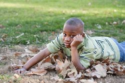 Young Black Boy Lying In Fallen Leaves At the Park