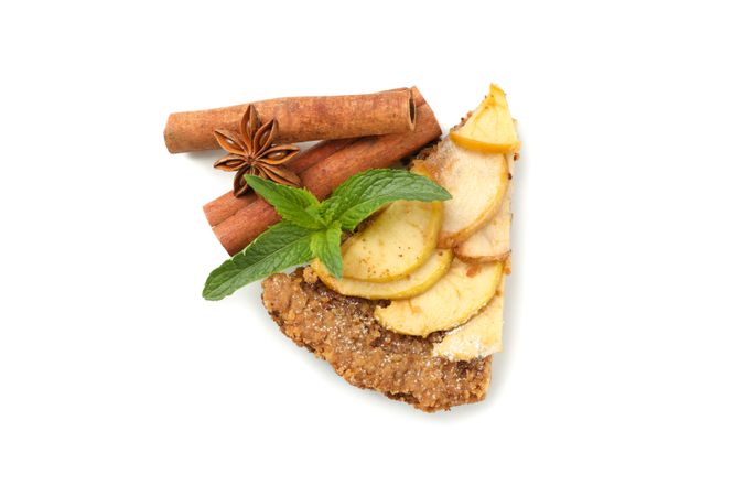 Piece of tasty apple pie isolated on neutral background. Homemade food