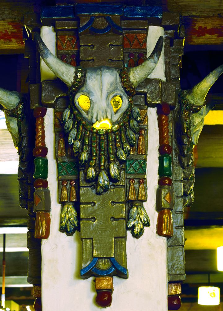 Illuminated cow skull decoration at the KiMo Theater, Albuquerque, New Mexico