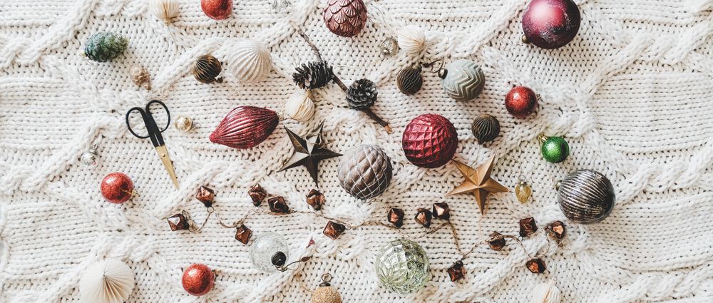 Flat-lay of holiday decorations, top view, wide composition