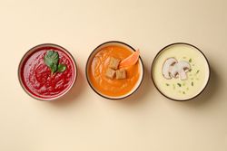 Row of beet, sweet potato and mushroom soup