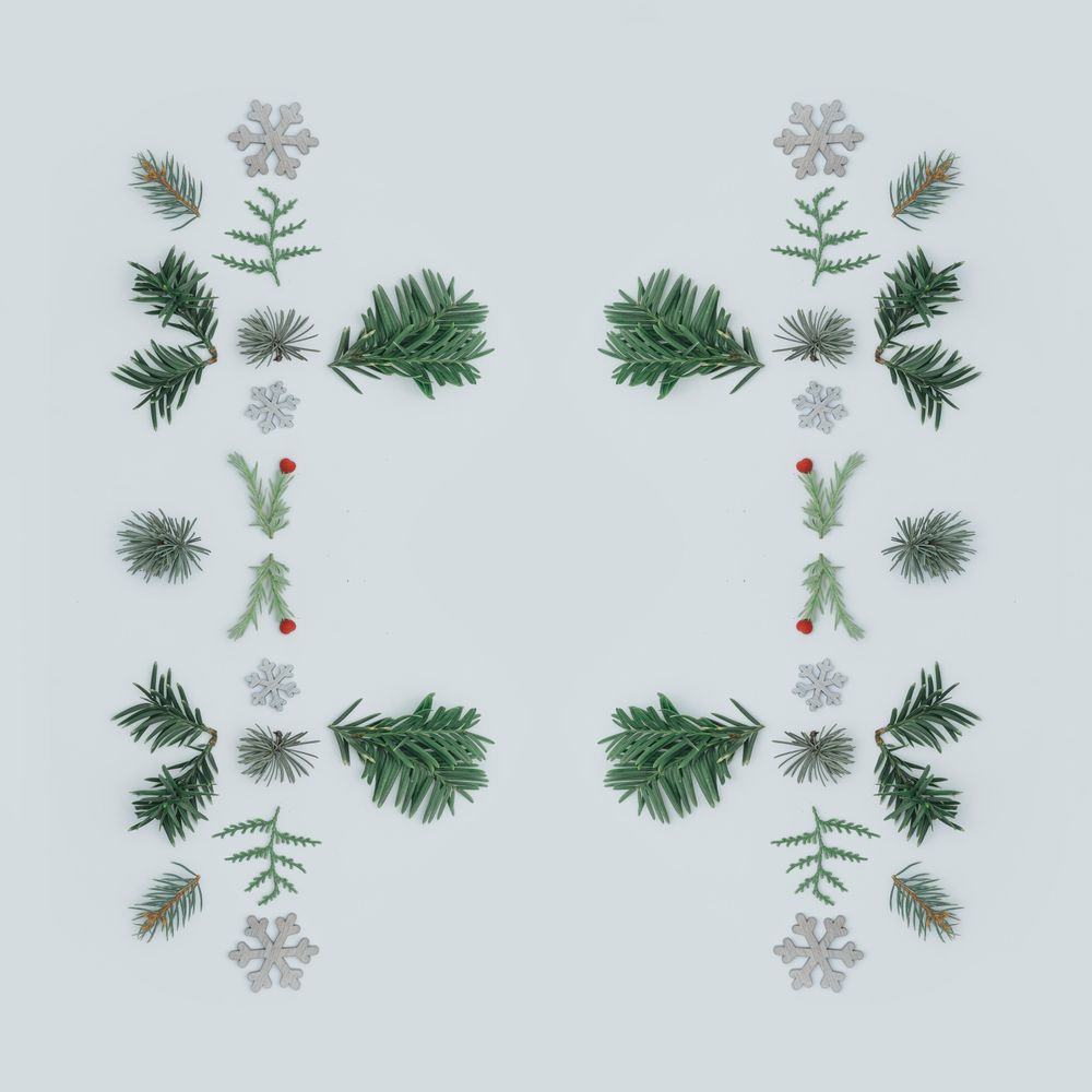 Symmetrical layout made with tree branches and red berries on grey background with snowflakes