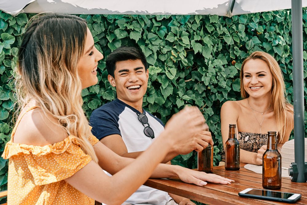 a group of young people cheering with beer in summer